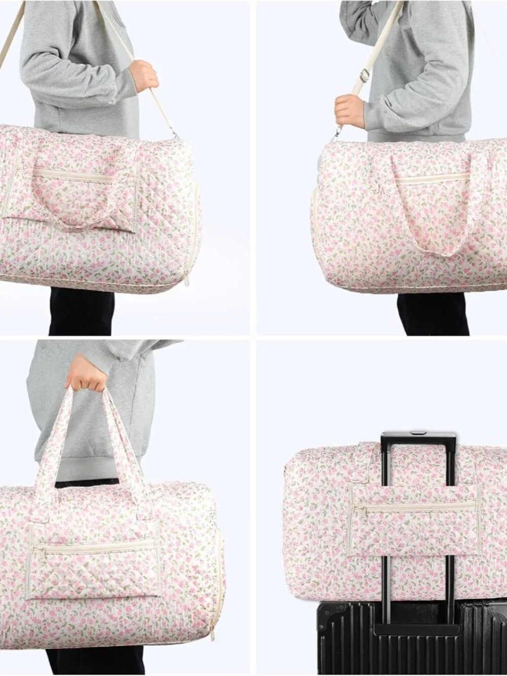 Floral Quilted Duffle Bag, Weekender Bag with Makeup Pouch Women | Floral Quilte